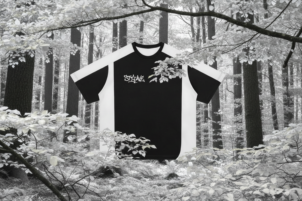 Black and white t-shirt with a logo on a white background