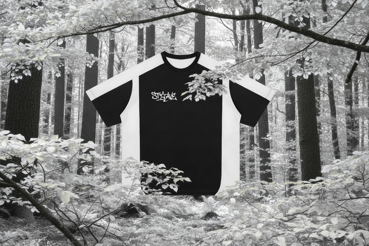 Black and white t-shirt with a logo on a white background