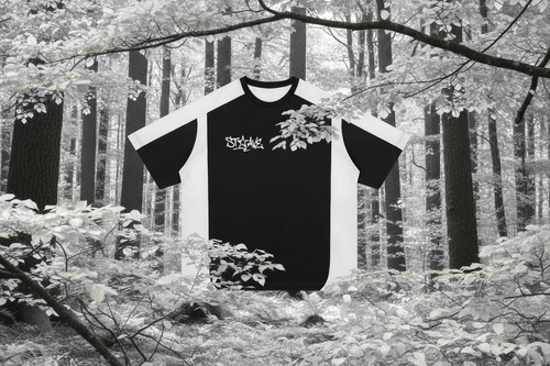 Black and white t-shirt with a logo on a white background